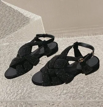 Однотонные Босоножки на Низком Квадратном каблуке С Открытым Носком 2023, Модная Летняя Женская Обувь, Окаймленная Стразами, Неглубокая Повседневная Zapatillas Mujer