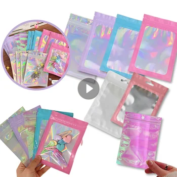 1 шт. Самоуплотняющийся пакет, Лазерный цветной пакет для упаковки конфет, ювелирные изделия, пластиковые пакеты с застежкой-молнией, Закрывающийся косметический упаковочный пакет
