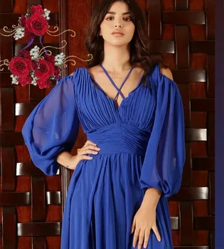 Элегантные длинные вечерние платья Королевского синего цвета с рукавами Трапециевидной формы, разрезом сбоку, длиной до пола, на молнии, Вечернее платье Robe De Mariée для женщин