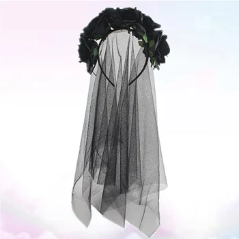 Головной платок, повязка на голову, розовый декор, вуаль, вуаль для макияжа на фестиваль, карнавал, вечеринку (черный узор)