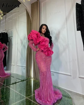 Женские Розовые платья для выпускного вечера в стиле русалки с оборками, сшитые на заказ, вечерние платья знаменитостей с длинными рукавами, вечерние платья с вышивкой бисером