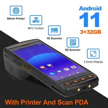 5,5-дюймовый портативный терминал для сбора данных Android 11 4G PDA с NFC 58-миллиметровым термопринтером этикеток для чеков, 2D-считывателем штрих-кодов 3G 32G