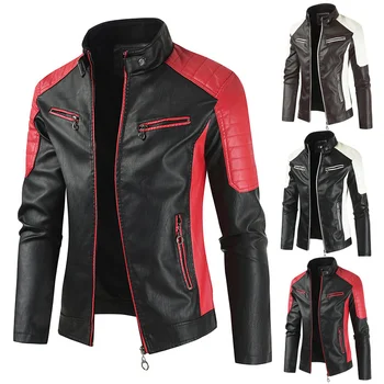 Осенне-зимняя мотоциклетная куртка из искусственной кожи для отдыха, мужская модная теплая куртка из искусственной кожи в стиле ретро со стоячим воротником